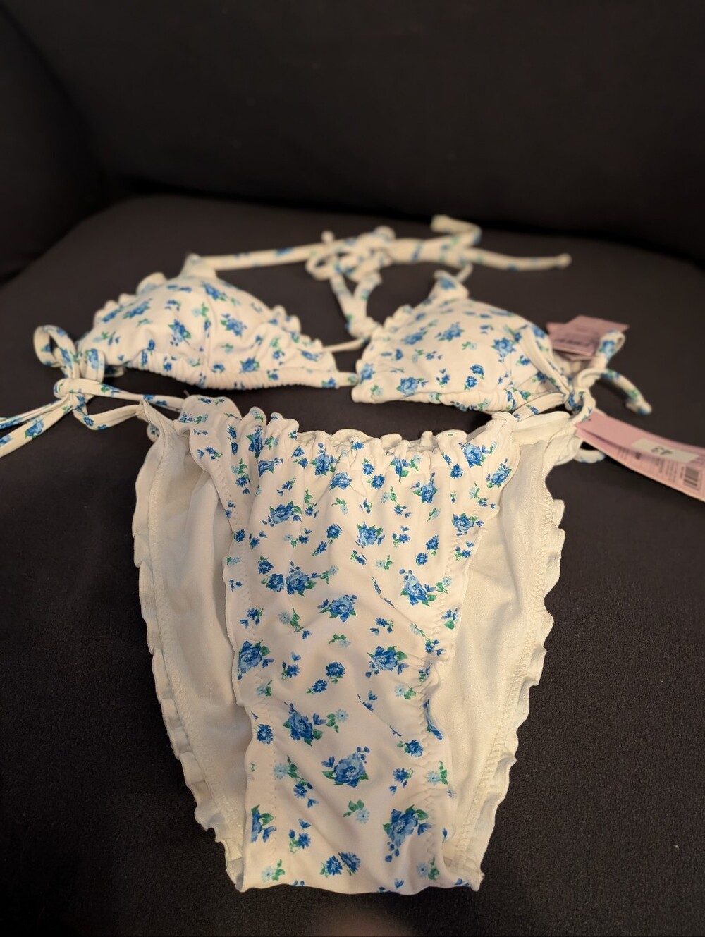 Wild Fable White Floral String Bikini Set with Blue Roses - Size M